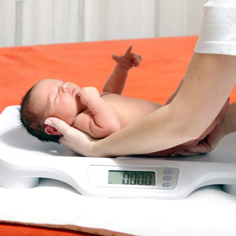 A baby is being weighed on the scale