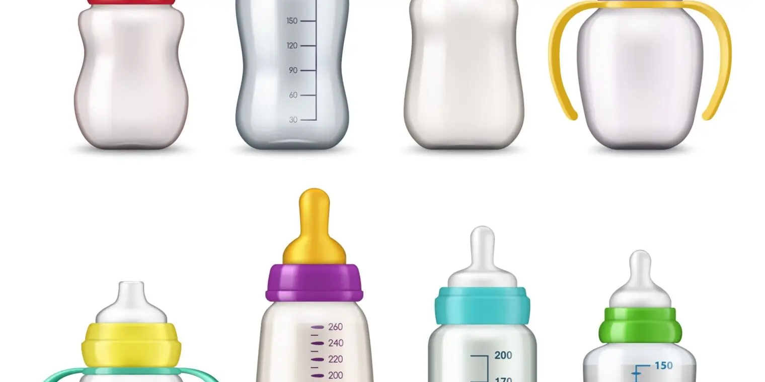 A set of eight baby bottles with different colors.