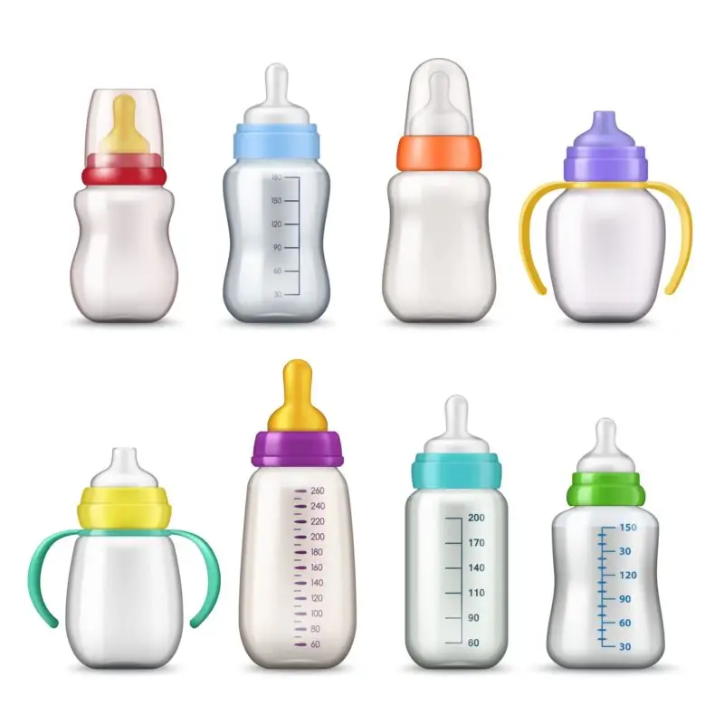 A set of eight baby bottles with different colors.