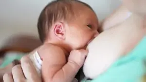 A baby is sucking on the breast of another infant.