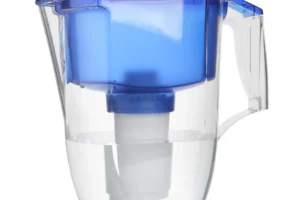 Water filter pitcher with blue lid.
