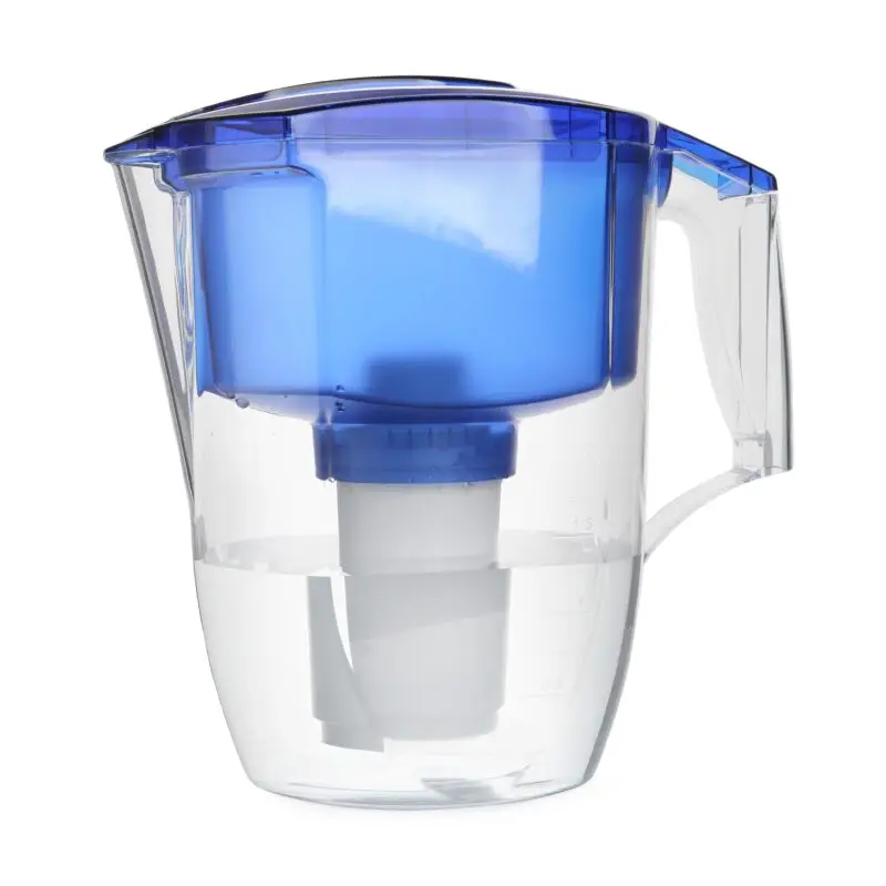 A water pitcher with blue lid and filter.