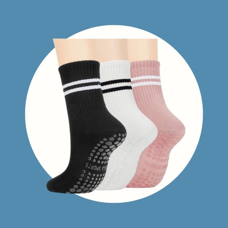 non slip socks in black, white, and pink