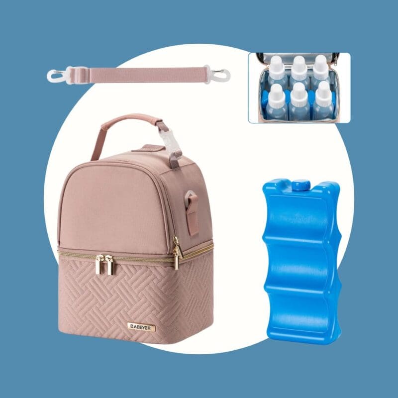 pink breastmilk cooler bag showing bottles inside, a blue icepack, and and an extra pink strap