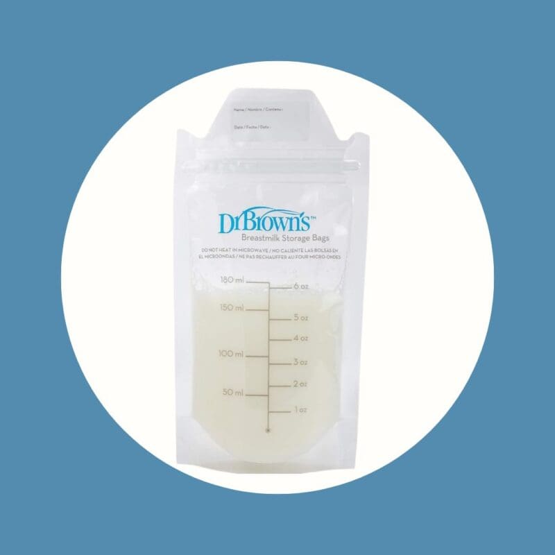 clear dr browns breastmilk storage bag with milk in it