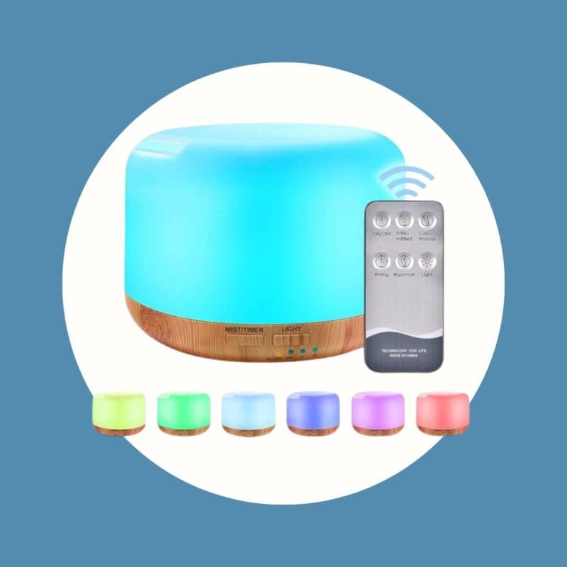 neon colored oil diffuser with wooden bottom and remote control