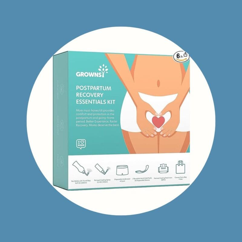 green and white postpartum recover essentials kit box showing a cartoon woman with white underwear with a red heart on the front