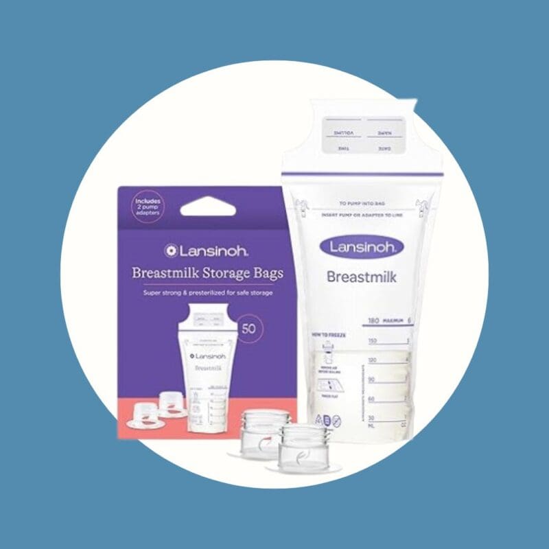 clear and white breastmilk pumping bag next to a box of 50 breastmilk storage bags