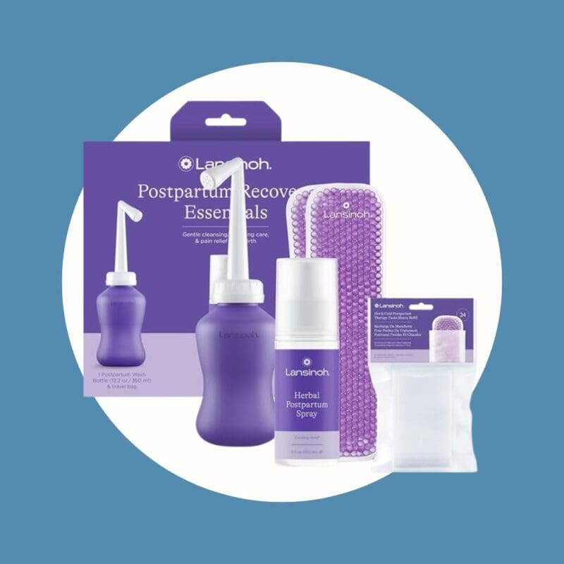 purple postpartum bottles near a purple box