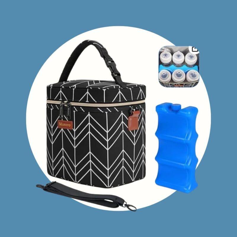 black and white cooler bag with extra strap and ice pack