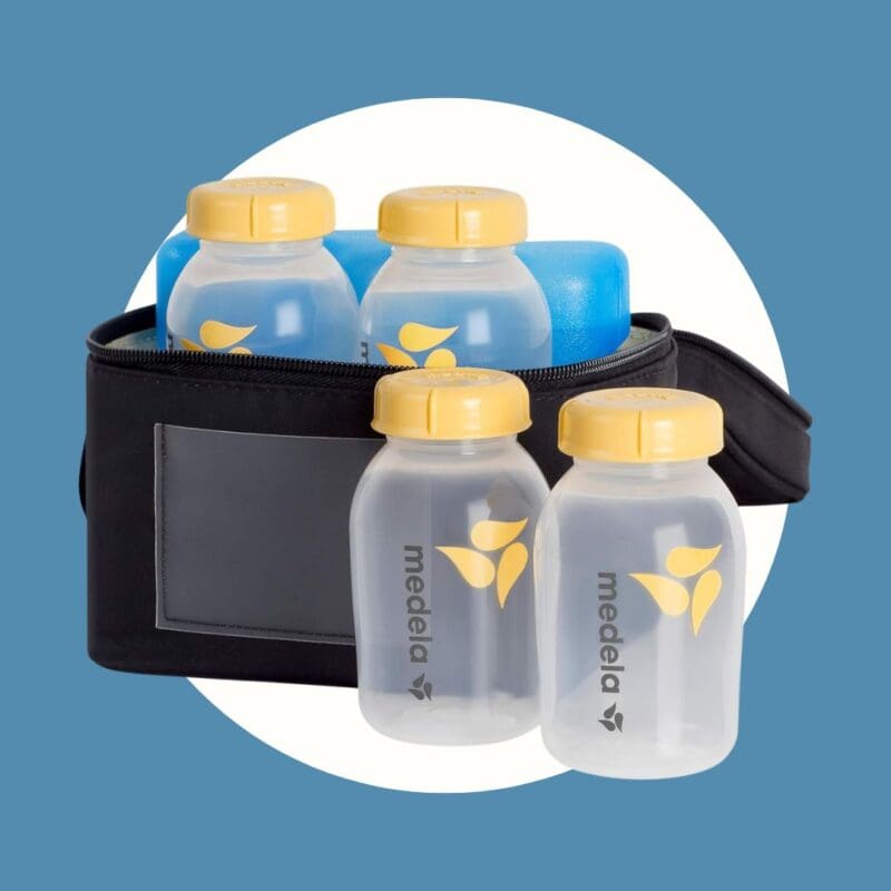 black cooler bag containing bottles and blue ice pack.