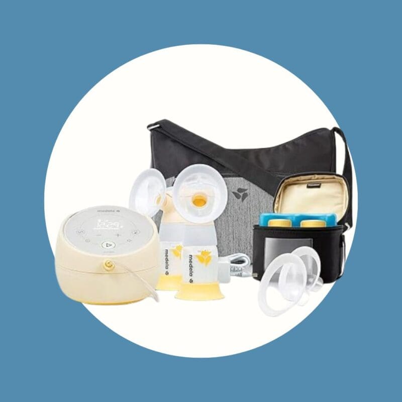 medela breast pump, pumping accessories, and black carrying bag