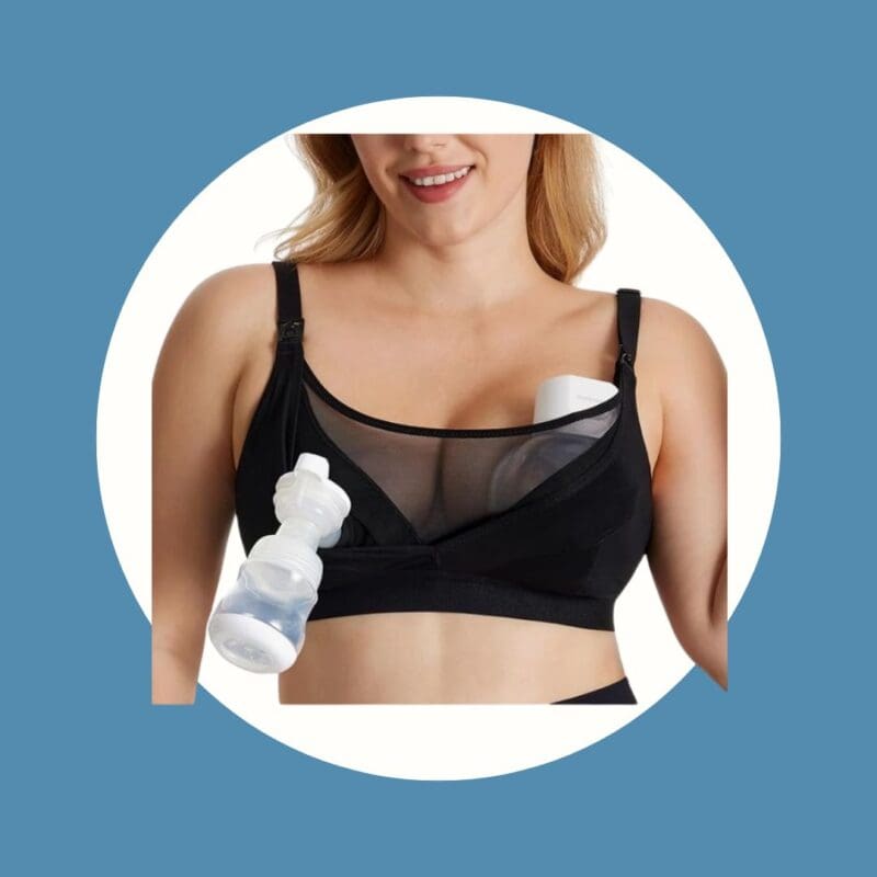 black pumping bra with mesh section on top and a pumping bottle attached to the front.