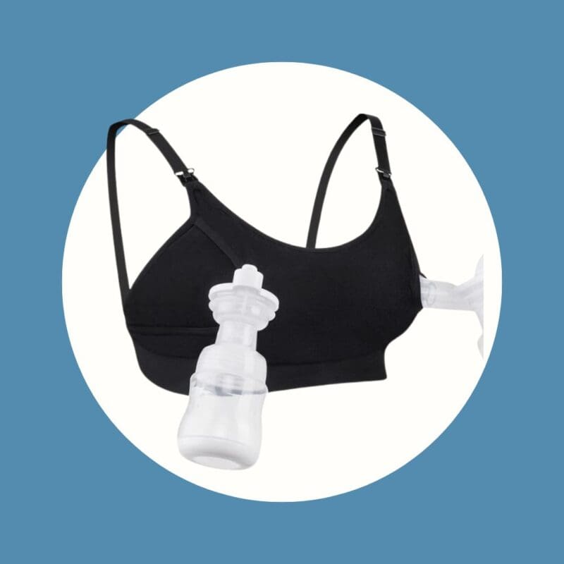 black pumping bra with pumping bottles sticking out of the front