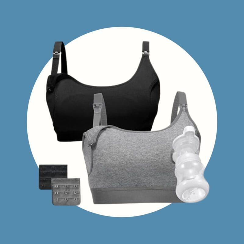 two pumping bras, one black and one grey with a bottle sticking out of the front