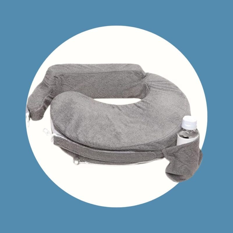 grey breastfeeding pillow with cup holder