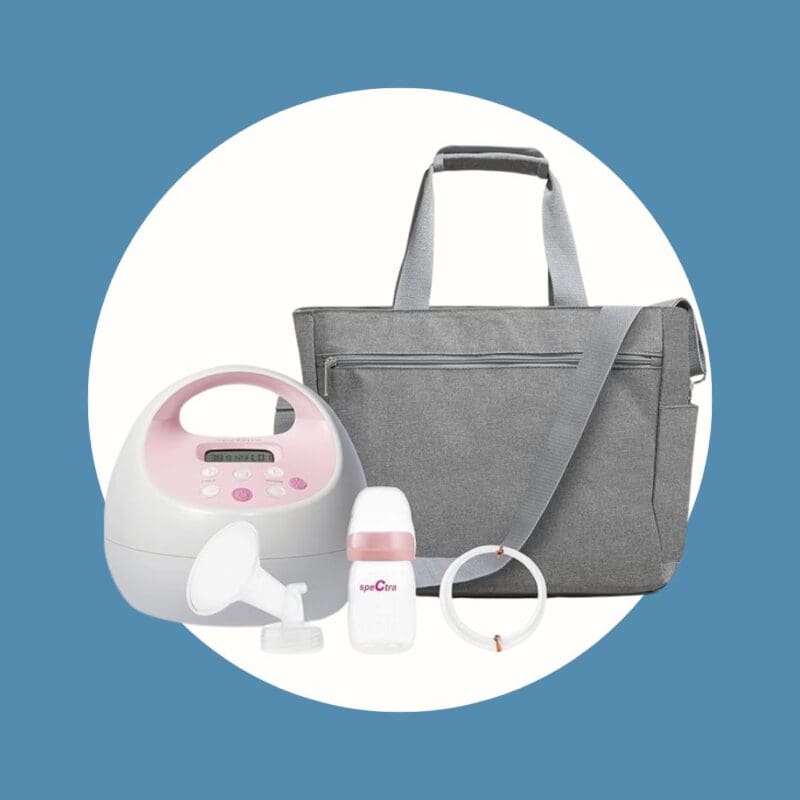 white and pink breast pump and accessories with grey bag