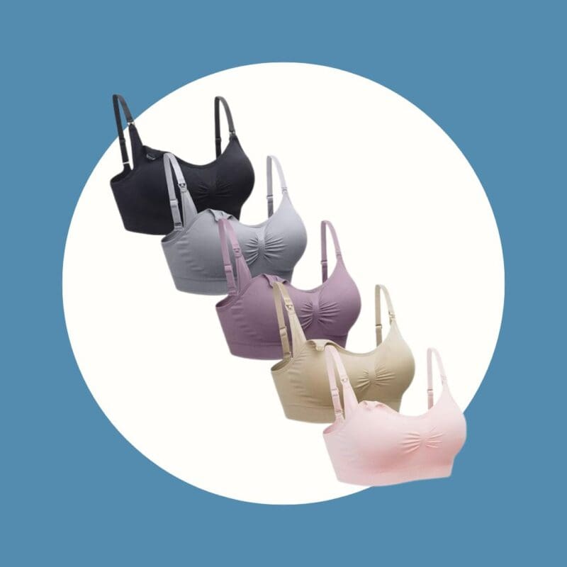 five bras running diagonally across the image in colors black, grey, purple, tan, and pink.